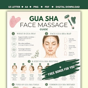 Op de afbeelding: Een digitale Gua Sha gezichtsmassagegids met tekst, illustraties van gezichtsmassagetechnieken en diagrammen van massagetools. Het document bevat secties met de titels What is Gua Sha, Face Gua Sha Map en een 8-stappenroutine.