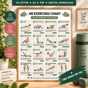 Ab Exercises Chart Printable | 14 Day Core Challenge | 16 Moves for Flat Stomach Belly Fat | No Equipment Home Workout Guide Women