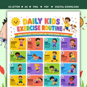 Op de afbeelding: Een digitale downloadkaart getiteld Daily Kids Exercise Routine met zestien genummerde illustraties van kinderen die verschillende fysieke activiteiten uitvoeren zoals jumping jacks, squats en lunges, met kleurrijke tekst en een regenboogbanner.