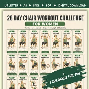 Op de afbeelding: Een digitale workoutkaart getiteld 28 Day Chair Workout Challenge for Women, met illustraties van een persoon die diverse zittende oefeningen uitvoert. Het rooster bevat dagelijkse instructies van dag 1 tot 14 met tekstuele toelichtingen.