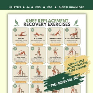 Op de afbeelding: Een digitale poster getiteld Knee Replacement Recovery Exercises met genummerde illustraties van fysiotherapieoefeningen. Het bevat stapsgewijze instructies voor oefeningen zoals quad sets, heel slides en glute bridges op een witte achtergrond.