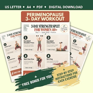May include: A digital workout guide titled Perimenopause 3-Day Workout for Women 40+ featuring exercise instructions, numbered steps, and illustrations of a person performing movements like dumbbell presses, rows, and planks on US Letter and A4 pages.