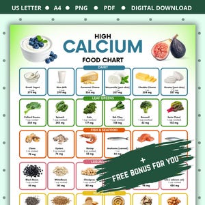 May include: A digital High Calcium Food Chart featuring categories for dairy, leaf greens, fish, seafood, and legumes. The chart displays various food items with their corresponding calcium content in milligrams, presented in a grid layout.