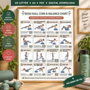 May include: A Bosu Ball Core & Balance Chart poster featuring sixteen numbered exercise illustrations with instructions. The chart includes text for exercises like Bosu Plank, Mountain Climbers, and Push-ups, with a header for digital download.