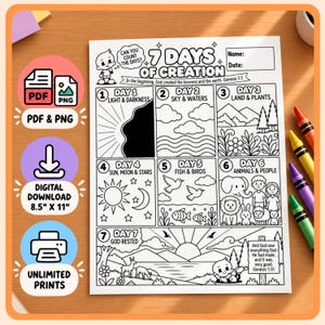 May include: A black and white printable colouring page titled 7 Days of Creation, featuring seven numbered sections illustrating biblical creation scenes with line art, text, and spaces for a name and date, measuring 21.59 cm by 27.94 cm.