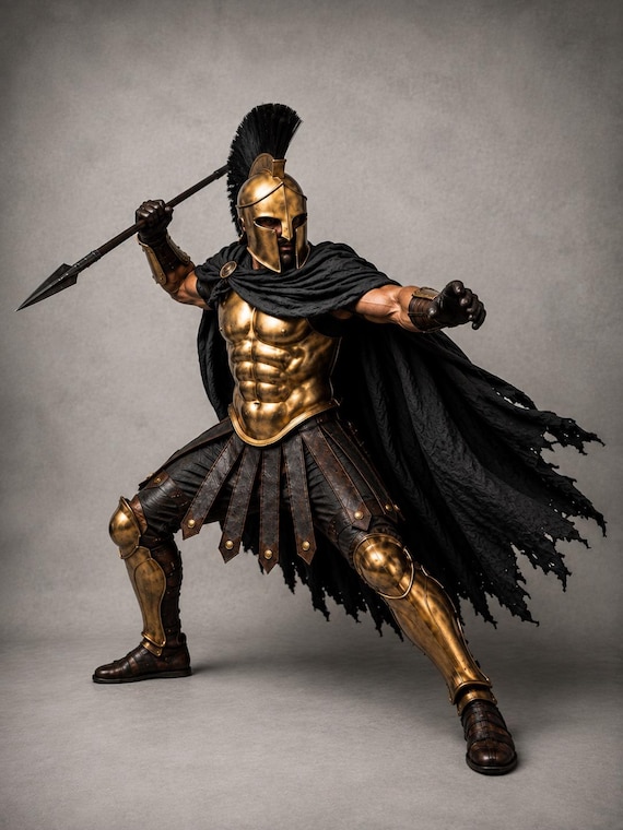 Spartan Warrior Armor Set – Gold Roman Gladiator Costume with Black Cape