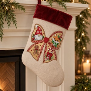 Puede incluir: Un calcetín navideño de tela beige con un puño de terciopelo rojo oscuro. El centro muestra un gran diseño de lazo bordado que contiene ilustraciones de un gnomo, un zorro, un hombre de jengibre y un bastón de caramelo, con hojas de acebo.