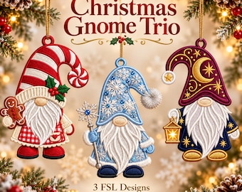 FSL Christmas Gnome Ornament Bundle 3 Designs Santa Gift Freestanding Lace Machine Embroidery | Instant Download Digital File