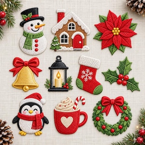 Peut inclure: Un ensemble de neuf écussons brodés sur le thème de Noël comprenant un bonhomme de neige, une maison en pain d'épices, un poinsettia rouge, une cloche dorée avec un nœud rouge, une lanterne noire, une chaussette rouge, du houx, un pingouin et une tasse rouge.