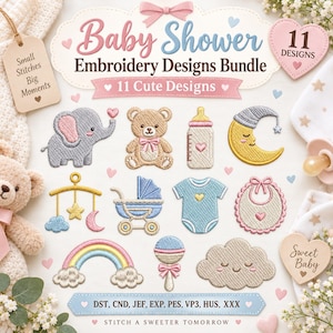 Pode incluir: Um pacote digital de 11 desenhos de bordado para chá de bebê, incluindo um elefante cinza, um ursinho de pelúcia, uma mamadeira, uma lua crescente, um móbile, um carrinho, um body, um babador, um arco-íris, um chocalho e uma nuvem.