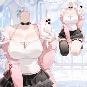 May include: A white camisole with a lace-trimmed neckline and thin straps, paired with a black tiered ruffled mini skirt, a light pink long-sleeved cardigan, a black choker, and black thigh-high stockings. A light pink smartphone is held in view.
