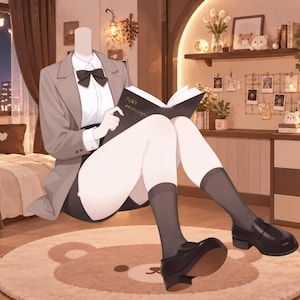 Puede incluir: Una figura sin cabeza viste un blazer beige sobre una camisa blanca de cuello con una pajarita negra y pantalones cortos oscuros. La figura lleva calcetines oscuros transparentes y mocasines negros mientras sostiene un libro negro abierto con texto dorado en la portada. La figura está situada en una habitación con una alfombra con forma de oso, muebles de madera y estantes decorados con varios objetos pequeños y cuadros.