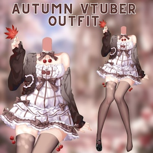 May include: An anime-style outfit labelled AUTUMN VTUBER OUTFIT, featuring a white plaid dress with brown bows and cherry accents, a dark brown cardigan, and sheer black stockings. The illustration includes a red maple leaf held in the hand.
