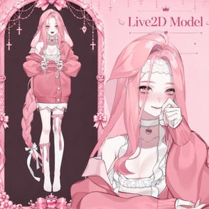 Peut inclure: Une illustration numérique d'un modèle Live2D représentant un personnage aux longs cheveux roses, portant un cardigan rose oversize sur un haut blanc à volants. Le personnage porte un pendentif en forme de cœur et une longue tresse. Fond rose.