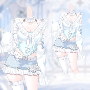 Puede incluir: Un conjunto de dos piezas que incluye un top blanco con volantes y una sección media estilo corsé en azul claro, combinado con pantalones cortos azul claro. El set presenta mangas largas con orejas de gato y adornos de rosas blancas.