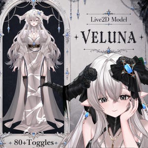 May include: A Live2D model character named VELUNA featuring long white hair, black horns, and pointed ears. The character wears a white gown with sheer sleeves, a dark corset, and black stockings. The image includes the text Live2D Model, VELUNA, and 80+Toggles.