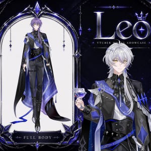Könnte beinhalten: Eine digitale Illustration einer Figur namens Leo, die eine Ganzkörperansicht und ein Porträt zeigt. Die Figur hat helles Haar, trägt ein formelles schwarz-blaues Outfit mit einem langen Umhang und hält ein Glas. Der Text lautet Leo VTUBER MODEL SHOWCASE.