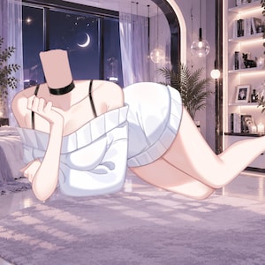 Puede incluir: Una figura de estilo anime sin cabeza que viste un suéter de punto acanalado blanco con hombros descubiertos y pantalones cortos a juego. La figura lleva un collar tipo gargantilla negro y tirantes de sujetador negros, en posición reclinada.