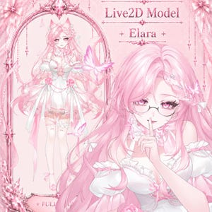 Puede incluir: Un modelo Live2D llamado Elara con cabello largo rosa, gafas redondas y un vestido blanco con detalles en rosa. La ilustración incluye una vista de cuerpo completo dentro de un marco rosa ornamentado y un retrato con un dedo en los labios.