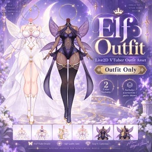 Puede incluir: Un activo de atuendo Live2D VTuber que presenta dos variantes de disfraz con temática de elfo. Uno es un vestido blanco con alas translúcidas y un halo, el otro es un body morado oscuro con alas a juego. El texto incluye Elf Outfit.
