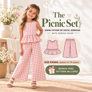 May include: A pink and white gingham sleeveless peplum top and wide-leg pants set. Text reads: The Picnic Set, SEWING PATTERN PDF DIGITAL DOWNLOAD WITH SEWING GUIDE, SIZE RANGE: 2years to 14+years, BONUS FREE PATTERN INCLUDED.