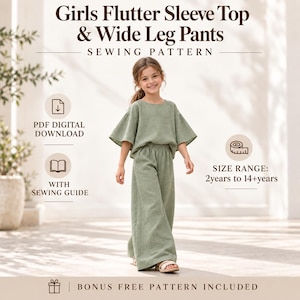 Könnte beinhalten: Ein Schnittmuster für ein Oberteil mit Flatterärmeln und eine weite Hose für Mädchen. Der Text lautet Girls Flutter Sleeve Top & Wide Leg Pants, Sewing Pattern, PDF Digital Download, With Sewing Guide, Size Range: 2years to 14+years, Bonus Free Pattern Included.