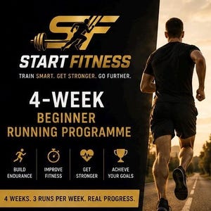 Può includere: Una pubblicità di fitness nera e oro con un corridore su una strada. Il testo recita: START FITNESS, 4-WEEK BEGINNER RUNNING PROGRAMME, TRAIN SMART. GET STRONGER. GO FURTHER. BUILD ENDURANCE, IMPROVE FITNESS, GET STRONGER, ACHIEVE YOUR GOALS, 4 WEEKS. 3 RUNS PER WEEK. REAL PROGRESS.