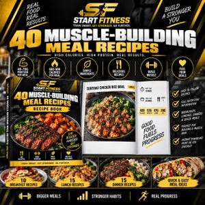 Puede incluir: Un libro de 40 Muscle-Building Meal Recipes de Start Fitness. La portada muestra un plato de carne y verduras. La página abierta presenta una receta de Teriyaki Chicken Rice Bowl con datos nutricionales, tiempo de preparación y cocción.