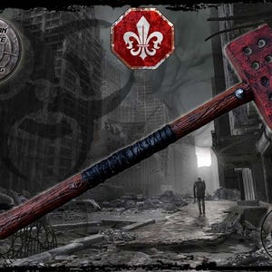 May include: A red and brown latex  hammer with a studded head. The hammer is a prop for cosplay or Halloween. The background is a post-apocalyptic city.