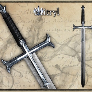 May include: A silver and black sword with a cross guard and a leather-wrapped handle. The sword is on a background of old parchment with writing.