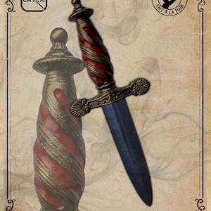 May include: A decorative dagger with a red and gold handle and a dark blue blade. The handle has a spiral design with red stripes. The dagger is labeled "handmade" and "latex". The word "MITRYL" is at the top.