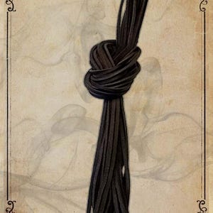 May include: A dark brown leather cord is knotted at the top, with multiple strands hanging below. The image has a vintage aesthetic, with a decorative border and the word "MITRYL" at the top.