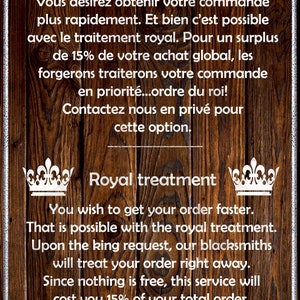 May include: A wooden sign with a royal crown design and the text "Traitement Royal" and "Royal treatment". The sign explains that for a 15% surcharge, customers can receive expedited service on their orders.