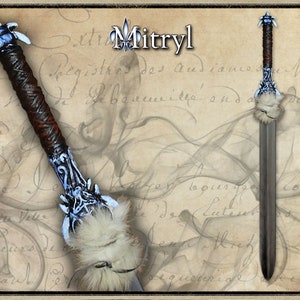 May include: A silver and black sword with a white fur pommel and a brown leather grip. The sword is on a background of old paper with writing.