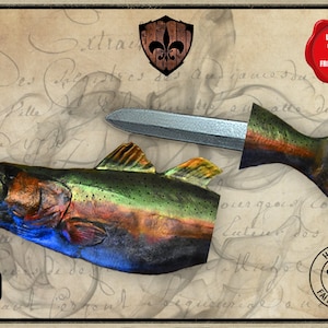 May include: A colorful, iridescent fish made of latex with a silver knife through it. The fish is on a vintage background with handwritten text. The text says "Livraison Gratuite" and "Free Shipping".
