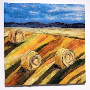 Haystacks in a field Textile artwork Textile felt artwork Textile silk artwork  Field with poppies Handmade Artisan Textile Art