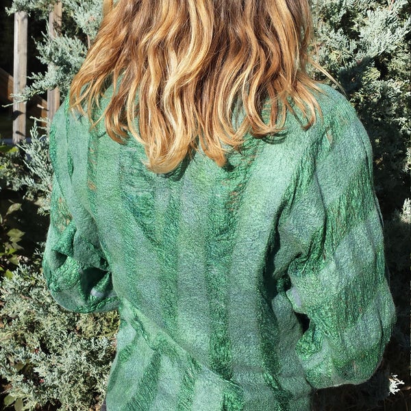 Wearable Art Blouse Felt Silk Blouse organic raw clothing  Green color Felted Blouse Woolen sweater Silk peasant blouse