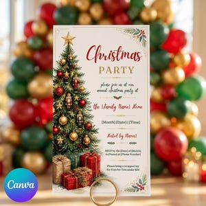Könnte beinhalten: Eine Weihnachtsparty-Einladungskarte mit einem geschmückten Baum, Nussknackern, goldenen Sternen und Kugeln sowie verpackten Geschenken. Der Text enthält 'Christmas PARTY', 'please join us at our annual christmas party at' sowie Platzhalter für Familienname, Datum, Uhrzeit, Namen der Gastgeber und RSVP-Informationen.