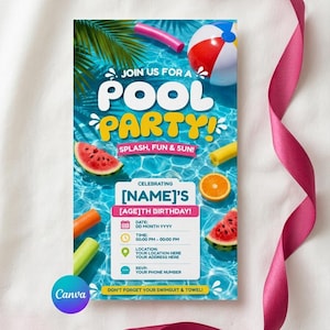 May include: A rectangular pool party invitation card featuring a blue water background with a beach ball, watermelon slices, orange slices, and pool noodles. The text reads JOIN US FOR A POOL PARTY! SPLASH, FUN & SUN! CELEBRATING [NAME]'S [AGE]TH BIRTHDAY!