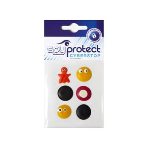 Könnte beinhalten: Eine Packung mit sechs Spy Protect Cyberstop Webcam-Abdeckungen. Das Set enthält eine orangefarbene sternförmige Abdeckung, zwei gelbe runde Abdeckungen mit Augen, zwei schwarze runde Abdeckungen und eine rote runde Abdeckung mit weißer Mitte.