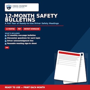 May include: A digital document titled 12-MONTH SAFETY BULLETINS A Full Year of Ready-to-Use Driver Safety Meetings. It includes 12 monthly one-page bulletins, discussion questions, a driver acknowledgment line, and a reusable meeting sign-in sheet.