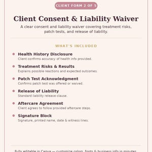 May include: A digital template for a Client Consent & Liability Waiver form by Avlast. The document includes sections for health history, treatment risks, patch test acknowledgment, liability release, aftercare agreement, and a signature block.
