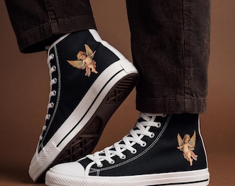 High Top Shoes, Black Canvas Cherub Print | White Lace Streetwear