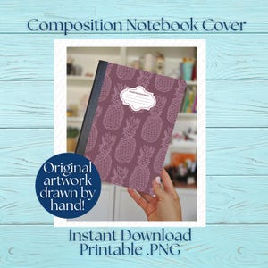 Printable Composition Notebook Cover PNG Back To School Personal Notebook Custom Junk Journal Kid Workbook Purple Pineapple Digital Art File