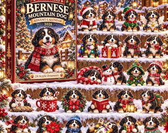 Peut inclure: Un calendrier de l'Avent de Noël Bernese Mountain Dog avec un chiot portant une écharpe rouge, accompagné de 24 décorations en acrylique représentant des chiots bouviers bernois dans diverses tenues et décors de fête.