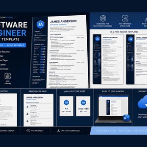 May include: A software engineer CV template set featuring a dark blue and white colour scheme. The document includes a CV, cover letter, and references page with sections for contact info, technical skills, work experience, and education.