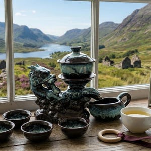 Puede incluir: Un juego de té de cerámica con una base en forma de dragón, un cuenco con tapa, una jarra a juego y cinco cuencos pequeños. Una taza blanca, un anillo de madera con una correa granate y un mapa enmarcado de Escocia sobre una superficie de madera.