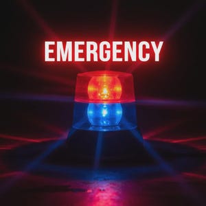 May include: A flashing emergency beacon light with a clear dome housing a red top section and a blue bottom section. The word EMERGENCY is printed in bold white capital letters above the light, which emits vibrant red and blue light rays.