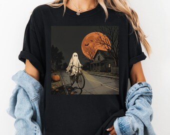 Vintage Halloween Comfort Colors Shirt, Ghost Bicycle Tee, Spooky Season Shirt, Retro Halloween Graphic Tee