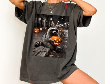 Halloween Raccoon Shirt, Comfort Colors Raccoon Tee, Spooky Raccoon Graphic T-Shirt, Pumpkin Halloween Shirt, Raccoon Lover Gift
